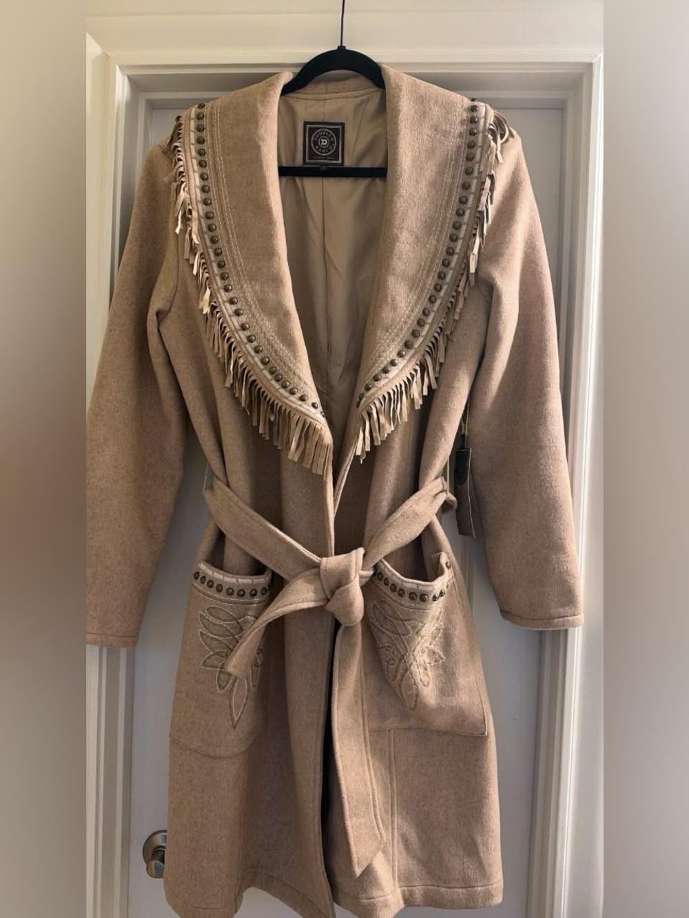 Double D Ranch Beige Fringe Wool Wrap Coat